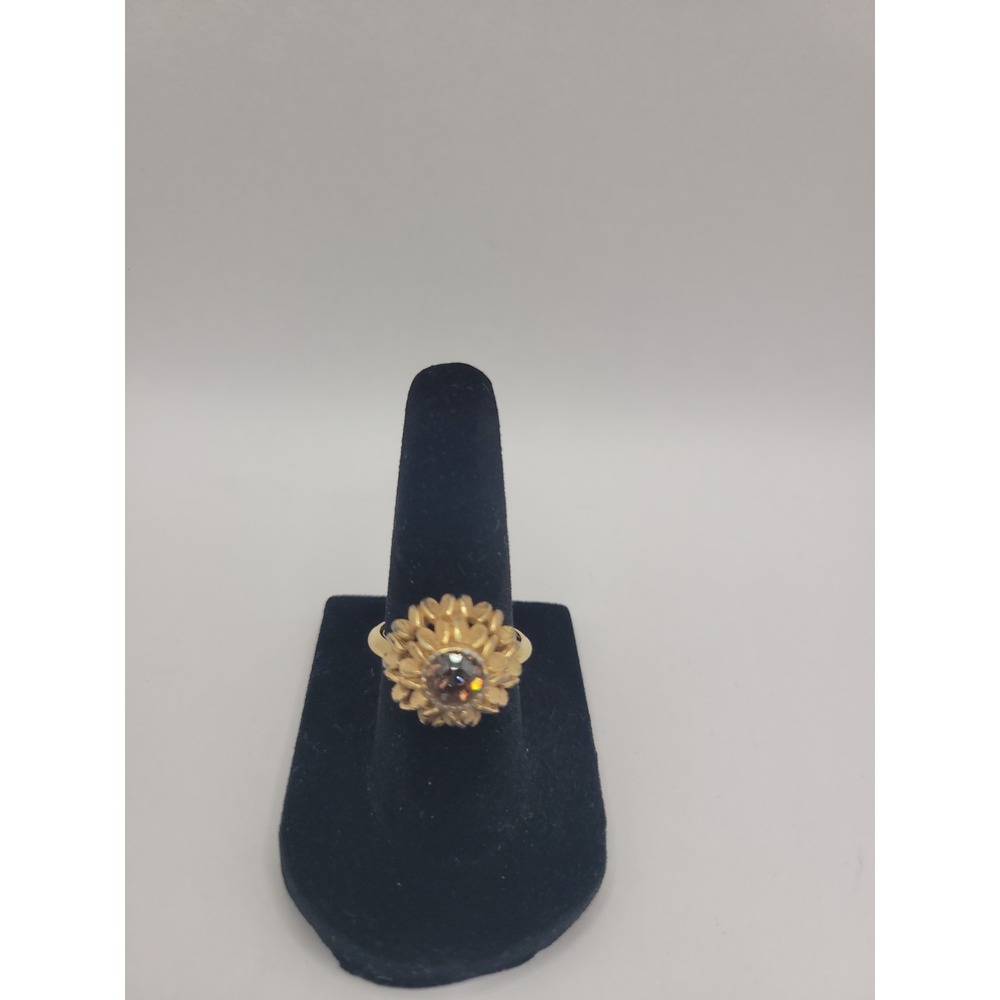 Vintage Avon Gold Tone Clear Rhinestone Sunflower Floral Statement Ring Size 6.5